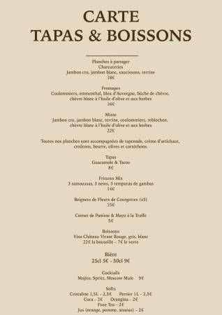 Carte des tapas et boissons